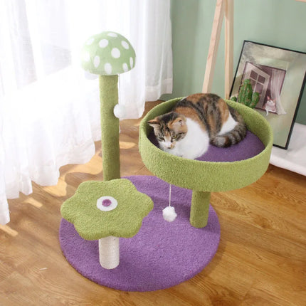 Arbre à Chat Compact Ludique avec Plateformes Vertes et Décoration Champignon