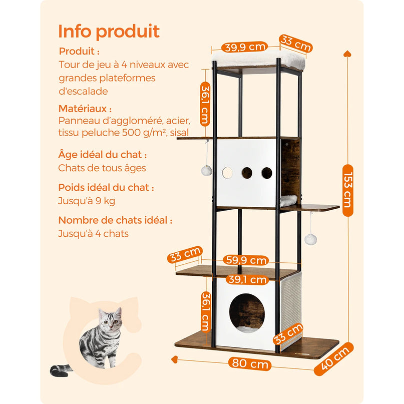Tour de jeux pour chats à 4 niveaux avec plateformes spacieuses et cachette