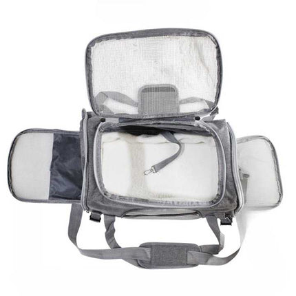 Sac rectangulaire gris avec fenêtre en maille et sangle bandoulière