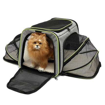 Sac de transport pliable pour chat avec ouverture en maille, design vert et gris