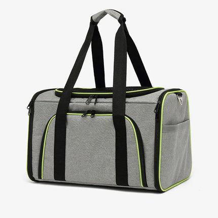 Sac de transport pliable pour chat avec ouverture en maille, design vert et gris