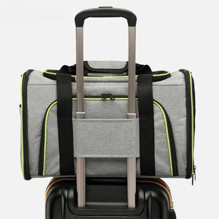 Sac de transport pliable pour chat avec ouverture en maille, design vert et gris