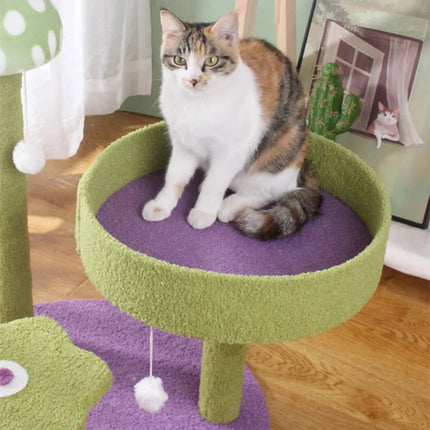 Arbre à Chat Compact Ludique avec Plateformes Vertes et Décoration Champignon