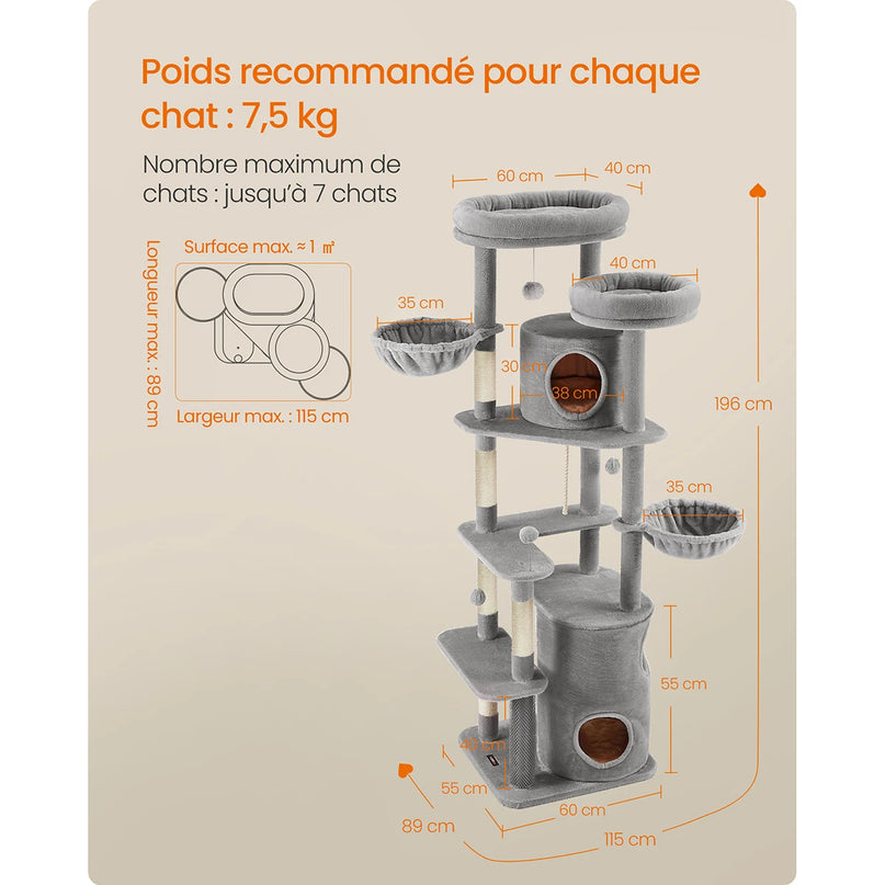 Grand arbre à chat multi-niveaux avec poteaux en sisal et plateformes spacieuses