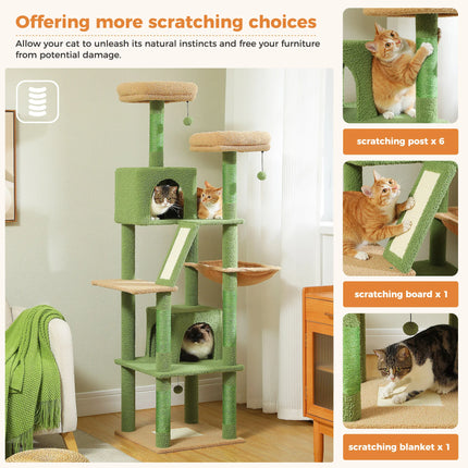 Arbre à Chat Multi-Niveaux Vert et Rose Pastel avec Jouets Suspendus