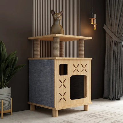 Arbre à Chat Moderne en Bois Clair avec Côtés en Tissu Gris