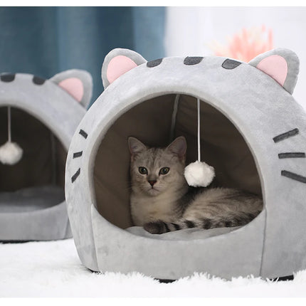 Abri Douillet pour Chat en Forme de Tête Féline avec Balle Suspendue