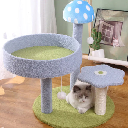 Arbre à Chat Compact Ludique avec Plateformes Vertes et Décoration Champignon