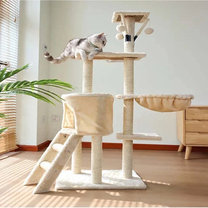 Grand arbre à chat interactif avec niche, hamac et jouets suspendus