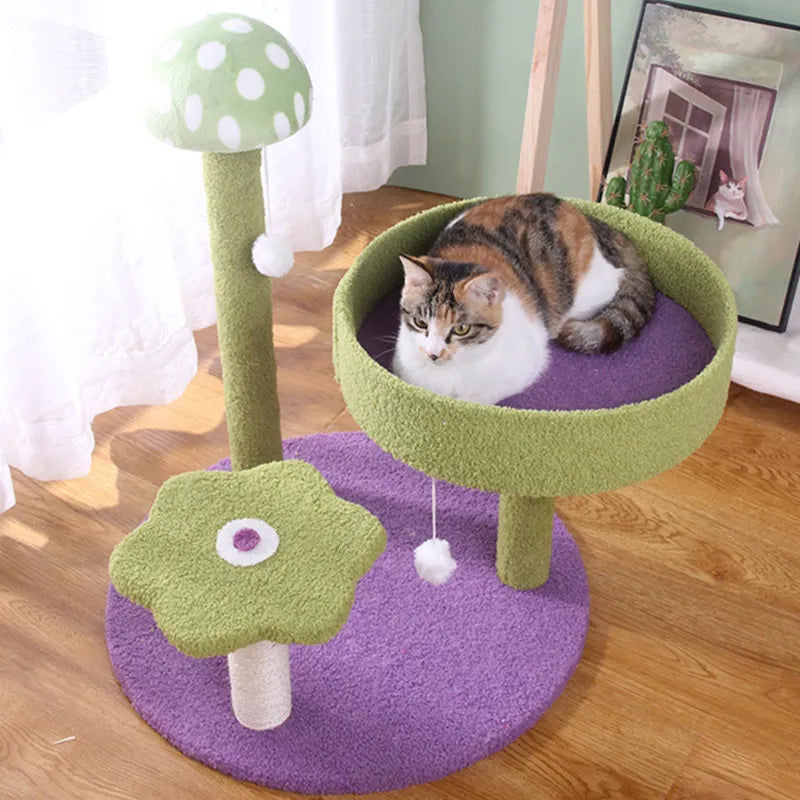 Arbre à Chat Compact Ludique avec Plateformes Vertes et Décoration Champignon