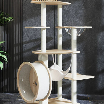Arbre à chat multifonction avec plateforme, roue et hamac central