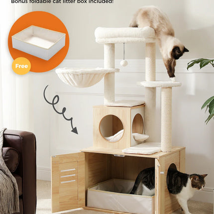 Arbre multifonction pour chats avec plateformes et espace de rangement
