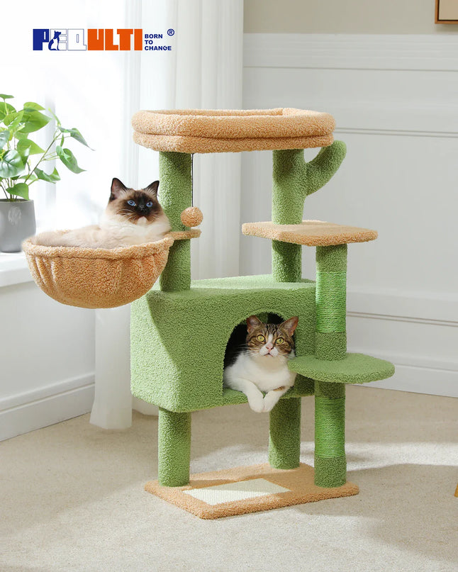 Arbre à Chat Vert et Beige avec Niche et Hamac