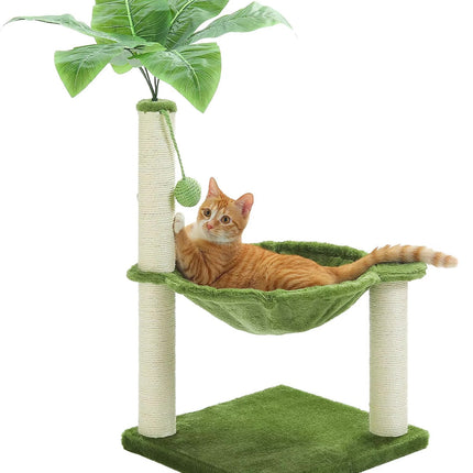 Arbre à Chat 3 Niveaux avec Hamac Vert et Plateforme Fleur Rose