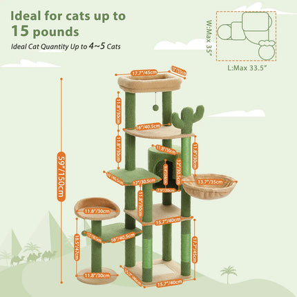 Arbre à Chat Ludique avec Thème Cactus et Plateformes Multi-Niveaux