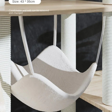 Arbre à chat multifonction avec plateforme, roue et hamac central