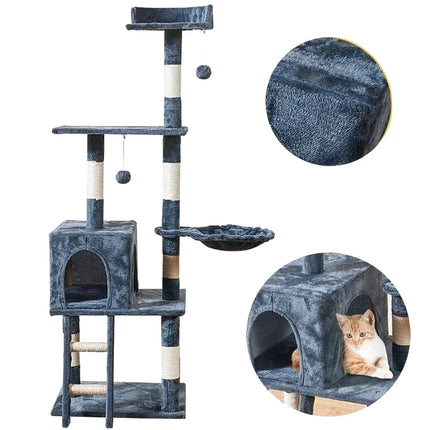 Arbre à Chat Gris Multi-Niveaux avec Hamac et Niche