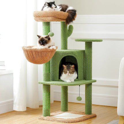 Arbre de Jeu Vert et Beige avec Cabane et Niveaux Ludiques pour Chats