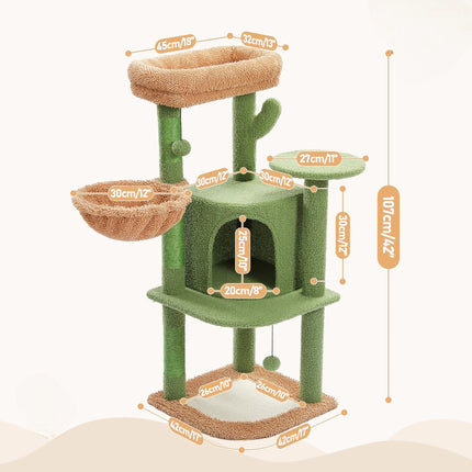 Arbre de Jeu Vert et Beige avec Cabane et Niveaux Ludiques pour Chats