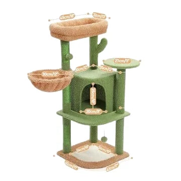 Arbre de Jeu Vert et Beige avec Cabane et Niveaux Ludiques pour Chats