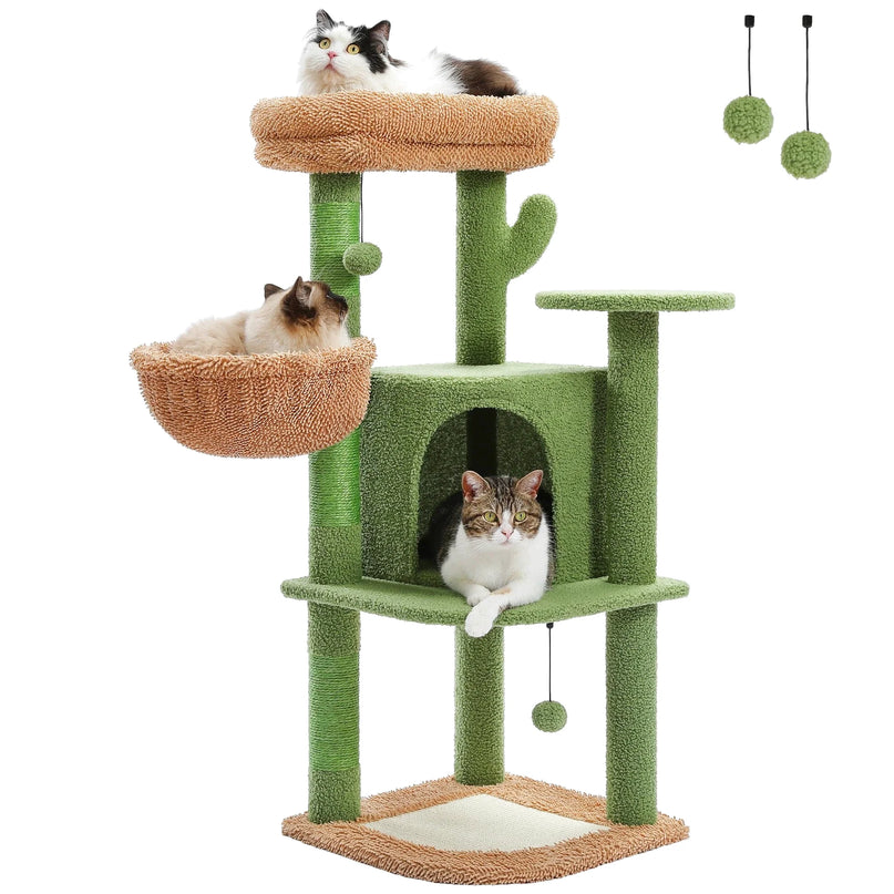 Arbre de Jeu Vert et Beige avec Cabane et Niveaux Ludiques pour Chats