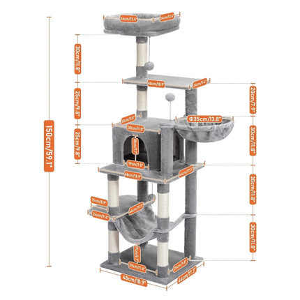 Centre de Jeu pour Chats avec Hamacs et Niches Grises Multi-Étages