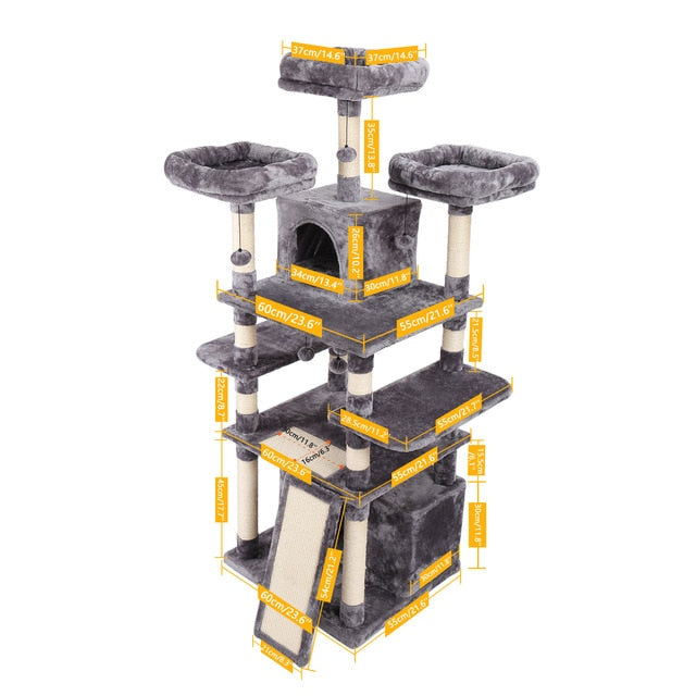 Arbre à Chat Multi-Niveaux avec Niche et Jouets Suspendus
