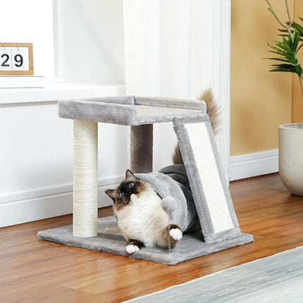Arbre de Jeu Compact pour Chat avec Plateforme et Tunnel Gris