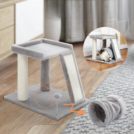 Arbre de Jeu Compact pour Chat avec Plateforme et Tunnel Gris