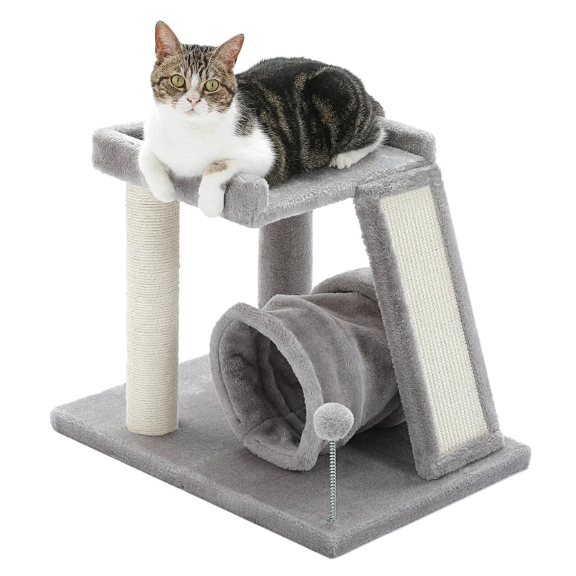Arbre de Jeu Compact pour Chat avec Plateforme et Tunnel Gris