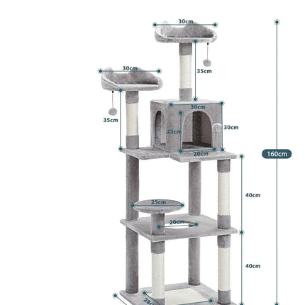 Aire de Jeu Grise Multi-Niveaux pour Chats avec Niche et Jouets Suspendus