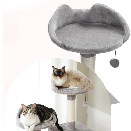 Aire de Jeu Grise Multi-Niveaux pour Chats avec Niche et Jouets Suspendus