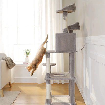 Aire de Jeu Grise Multi-Niveaux pour Chats avec Niche et Jouets Suspendus