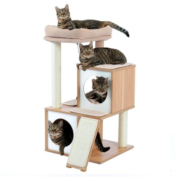 Arbre à Chat Compact en Bois Naturel avec Espaces Multifonctions