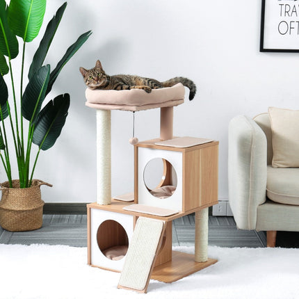 Arbre à Chat Compact en Bois Naturel avec Espaces Multifonctions
