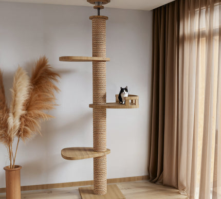 Arbre à chat en bois XXL à 3 niveaux, design minimaliste avec griffoir en sisal intégré, plateformes robustes et espace d'observation idéal pour chats actifs. Parfait pour enrichir votre intérieur tout en offrant un espace de jeu, repos et grimpe à votre félin.