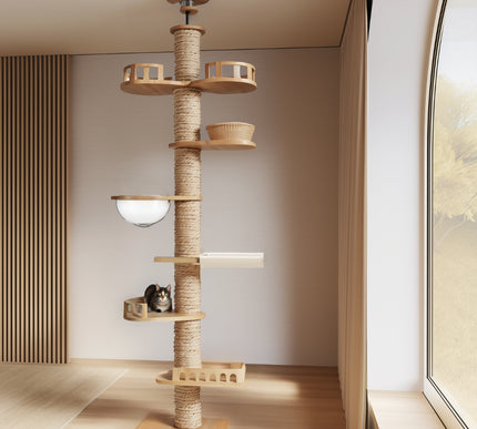 Arbre à chat en bois XXL à 6 niveaux, avec griffoir en sisal robuste, plateformes panoramiques, bol transparent suspendu, panier en osier et espace de repos cosy. Design moderne et épuré, parfait pour chats actifs cherchant à grimper, jouer et observer depuis une hauteur confortable.