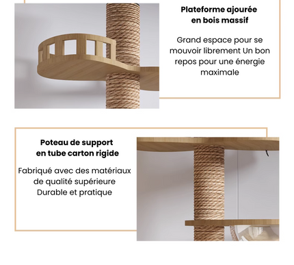 Arbre à chat en bois XXL avec plateforme ajourée en bois massif offrant un grand espace de repos et de mouvement. Équipé d’un poteau de support en tube carton rigide, durable et pratique, fabriqué avec des matériaux de qualité supérieure pour une stabilité optimale.