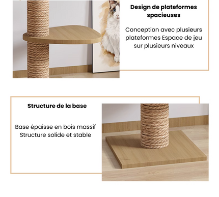 Arbre à chat en bois XXL avec plateformes spacieuses sur plusieurs niveaux et base épaisse en bois massif. Conception stable et solide idéale pour chats actifs, offrant un espace de jeu sécurisé et durable.