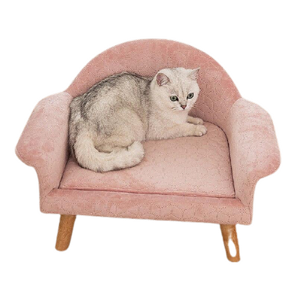 Petit fauteuil rose pour chat avec dossier arrondi et pieds en bois