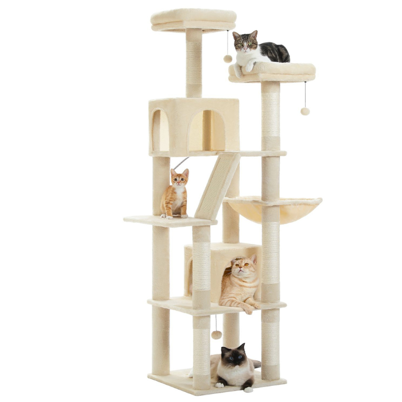 Tour multi-niveaux pour chats avec hamac et jouets suspendus