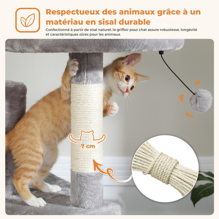 Tour multi-niveaux pour chats avec hamac et jouets suspendus
