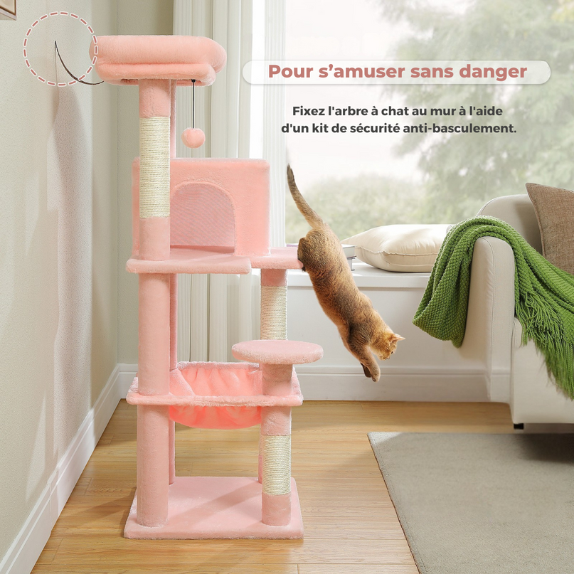 Arbre à Chat Rose Pastel avec Coussin, Hamac et Niche Ludique