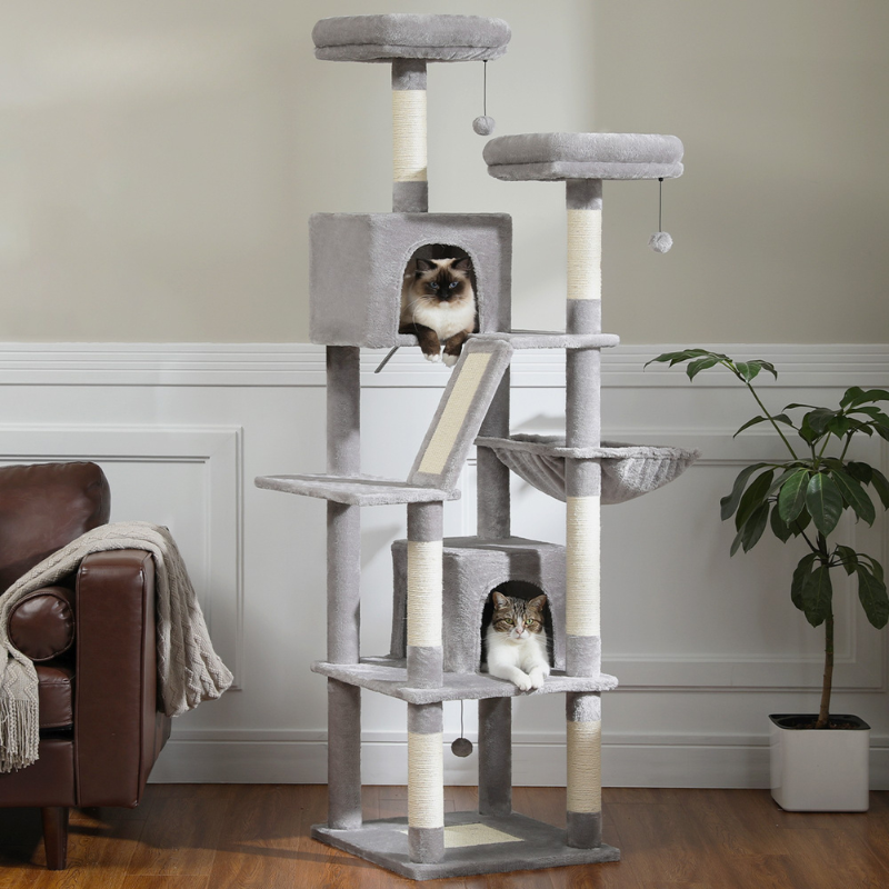 Tour multi-niveaux pour chats avec hamac et jouets suspendus
