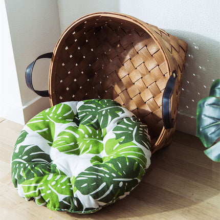 Panier rond avec coussin tropical et anses en cuir - Ambiance bohème