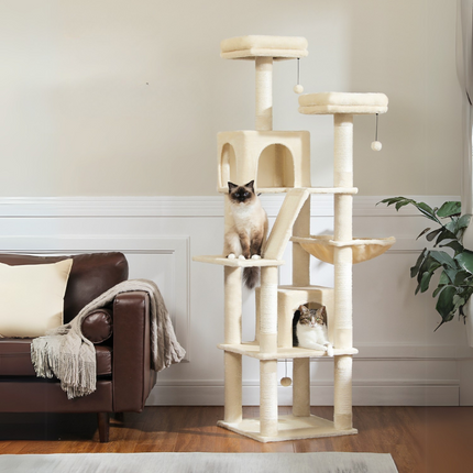 Tour multi-niveaux pour chats avec hamac et jouets suspendus