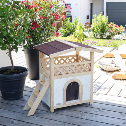 Maisonnette en Bois Élevée pour Chat avec Escalier et Toit Incliné