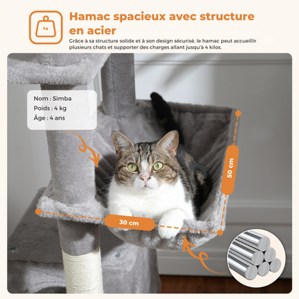Tour multi-niveaux pour chats avec hamac et jouets suspendus