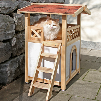 Maisonnette en Bois Élevée pour Chat avec Escalier et Toit Incliné