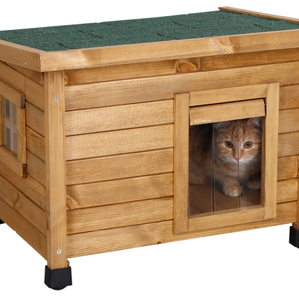 Petite maison en bois rustique pour chat avec fenêtre et toit isolé